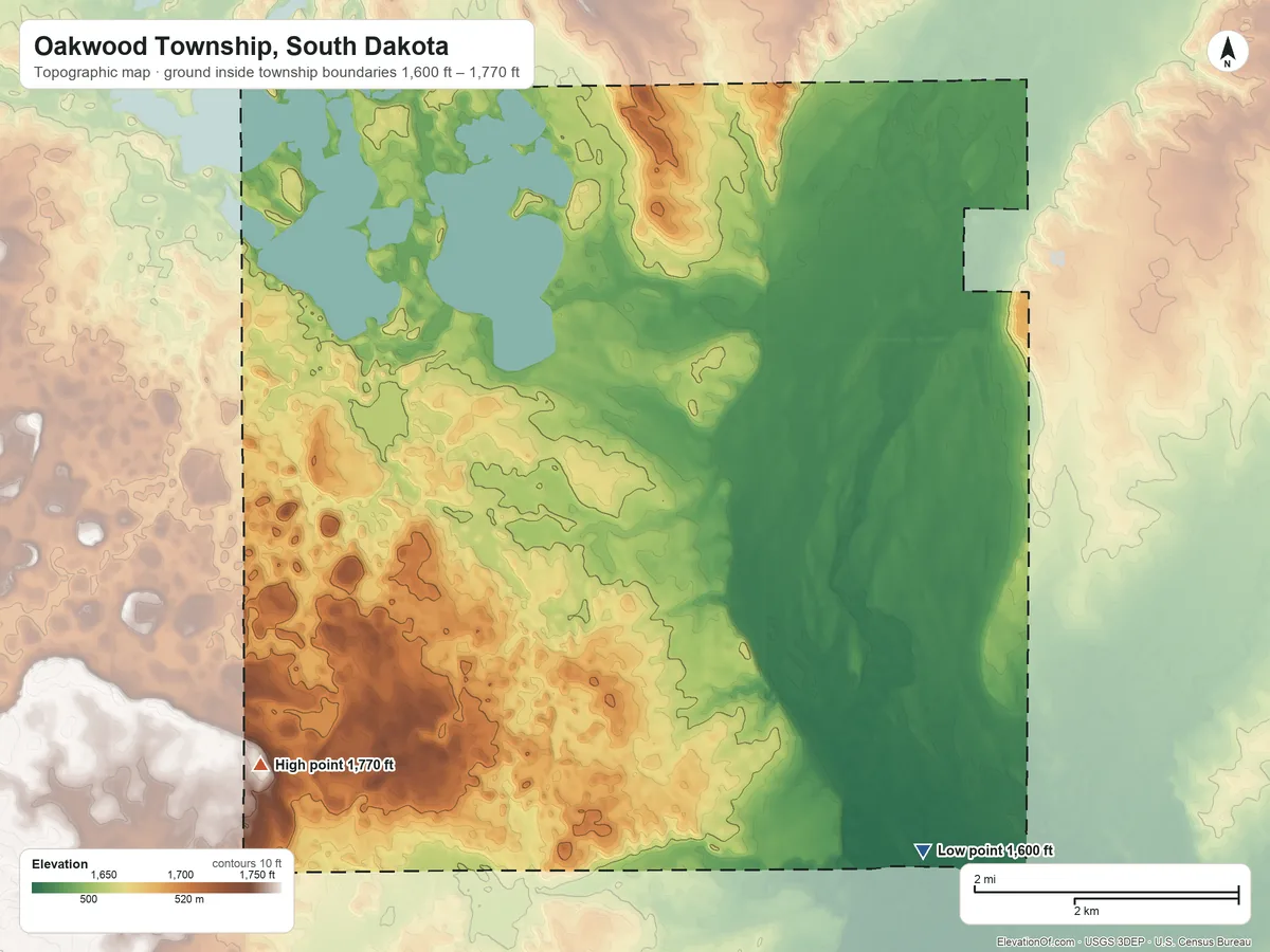 Topographic elevation map of Oakwood Township, South Dakota, shaded from 1,600 ft on the southeast side to 1,770 ft on the southwest side