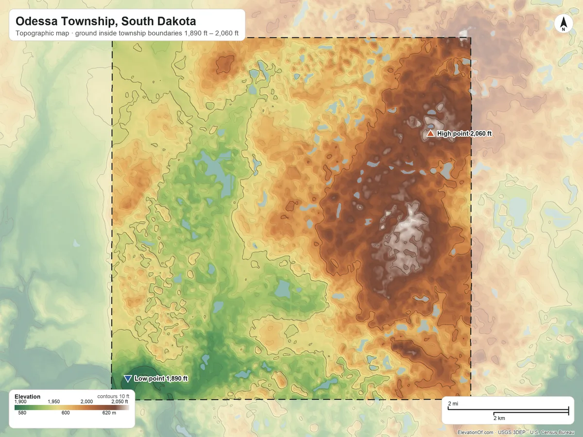 Topographic elevation map of Odessa Township, South Dakota, shaded from 1,890 ft on the southwest side to 2,060 ft on the east side