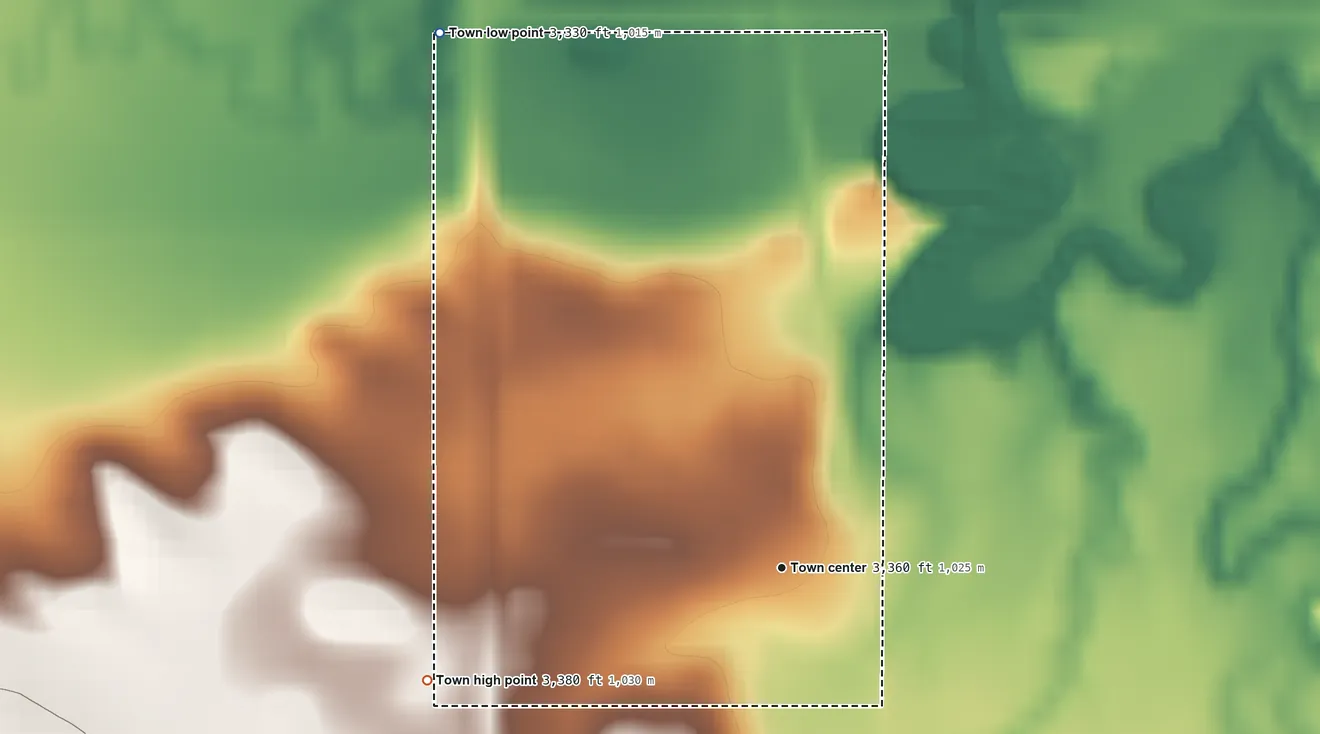 Topographic elevation map of Oelrichs, South Dakota, shaded from 3,330 ft on the northwest side to 3,380 ft on the west side