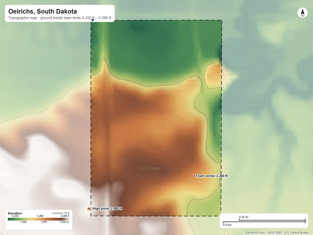 Topographic elevation map of Oelrichs, South Dakota, shaded from 3,330 ft on the northwest side to 3,380 ft on the west side