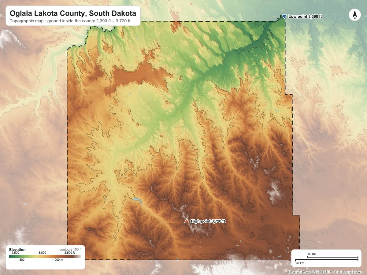 Topographic elevation map of Oglala Lakota County, South Dakota, shaded from 2,390 ft on the northeast side to 3,720 ft on the south side