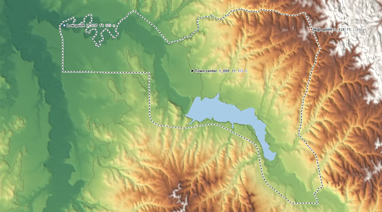 Topographic elevation map of Oglala, South Dakota, shaded from 2,910 ft on the west side to 3,410 ft on the east side