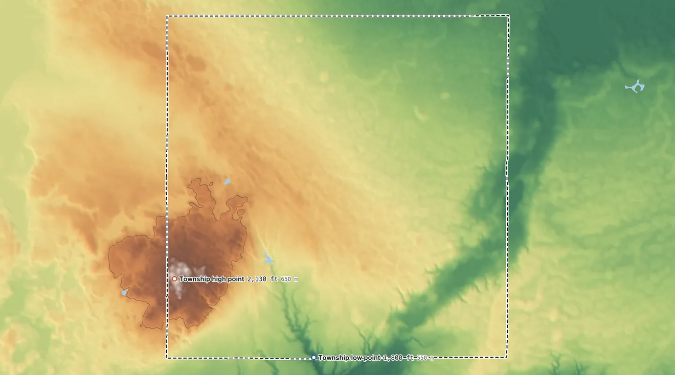 Topographic elevation map of Ohio Township, South Dakota, shaded from 1,800 ft on the south side to 2,130 ft on the southwest side