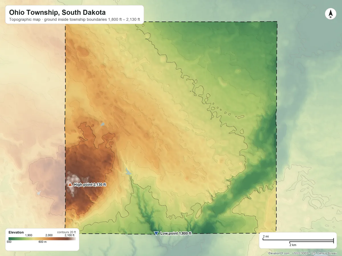 Topographic elevation map of Ohio Township, South Dakota, shaded from 1,800 ft on the south side to 2,130 ft on the southwest side