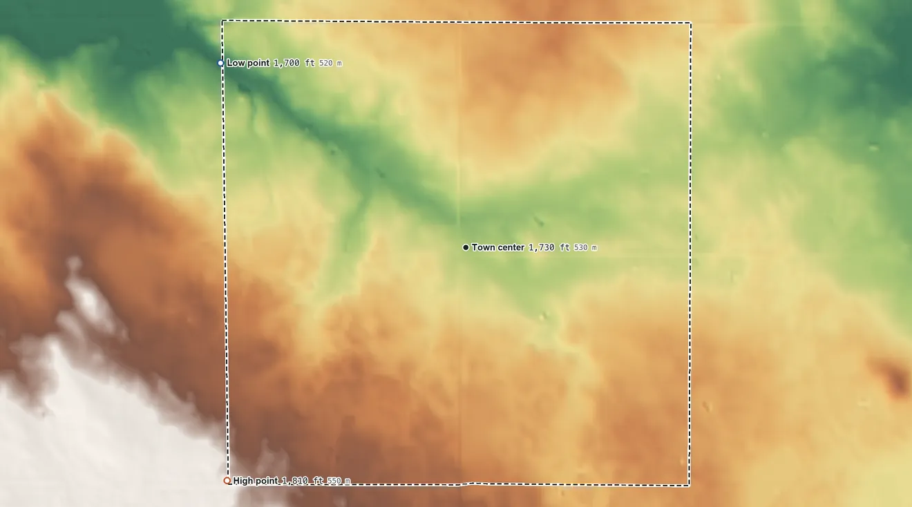 Topographic elevation map of Ola, South Dakota, shaded from 1,700 ft on the northwest side to 1,810 ft on the southwest side