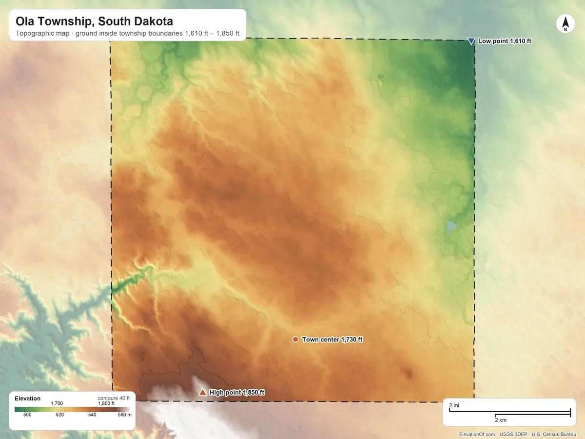 Topographic elevation map of Ola Township, South Dakota, shaded from 1,610 ft on the northeast side to 1,850 ft on the southwest side