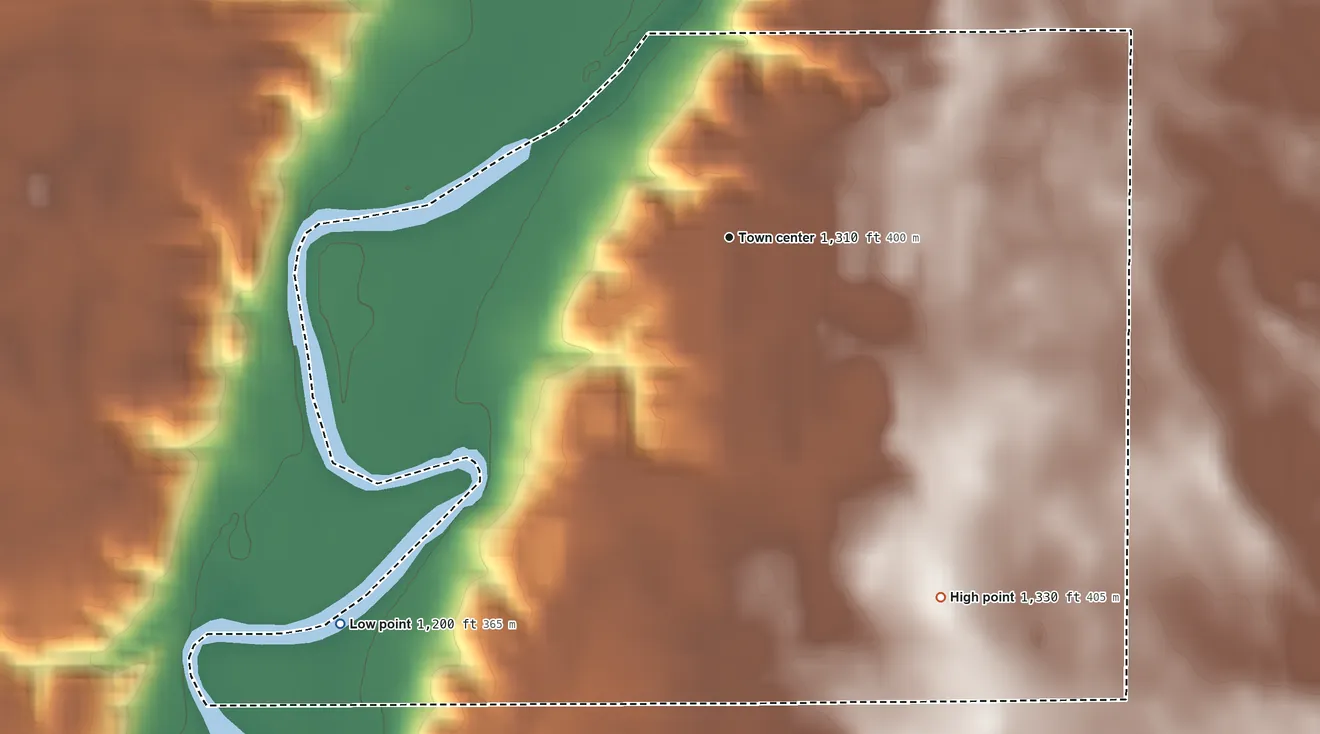 Topographic elevation map of Old Elm Spring Colony, South Dakota, shaded from 1,200 ft on the southwest side to 1,330 ft on the southeast side