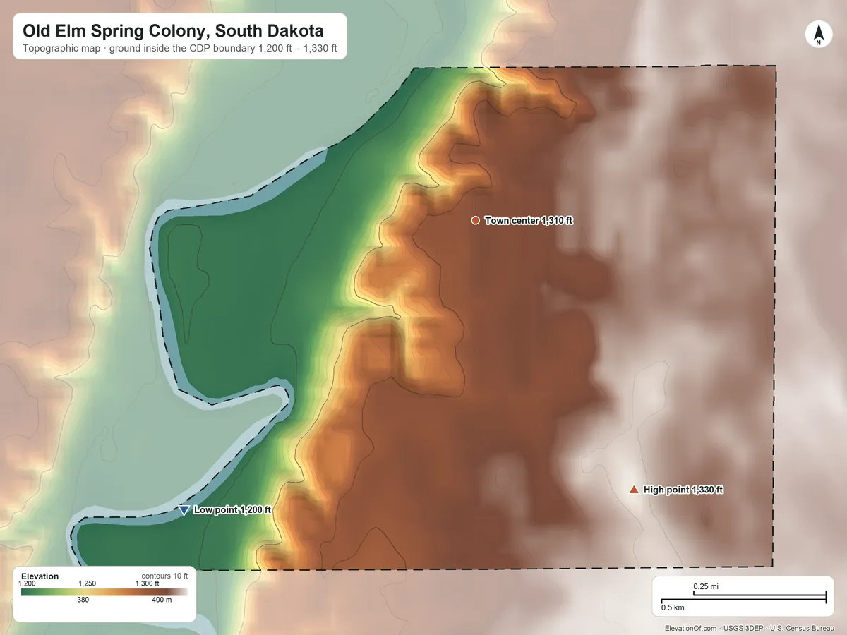 Topographic elevation map of Old Elm Spring Colony, South Dakota, shaded from 1,200 ft on the southwest side to 1,330 ft on the southeast side