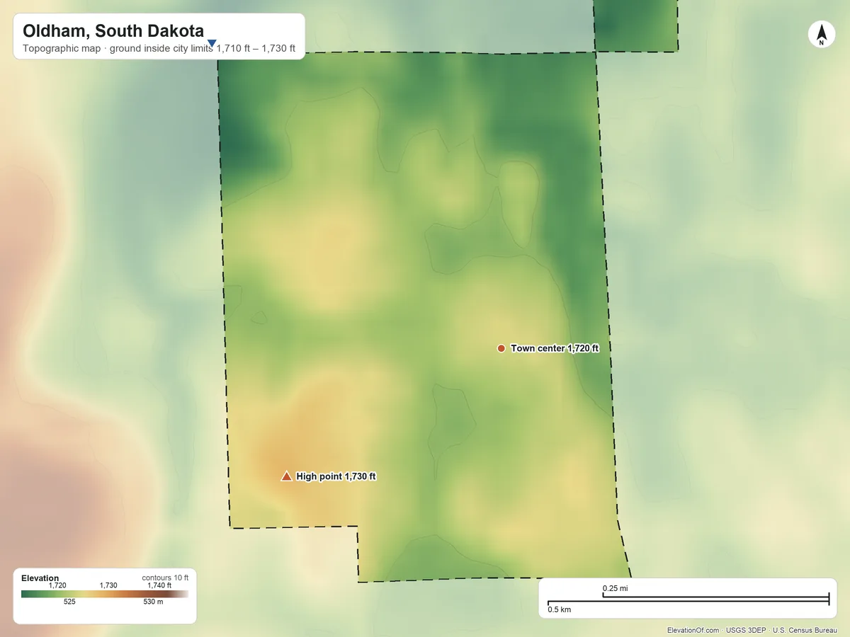 Topographic elevation map of Oldham, South Dakota, shaded from 1,710 ft on the northwest side to 1,730 ft on the southwest side