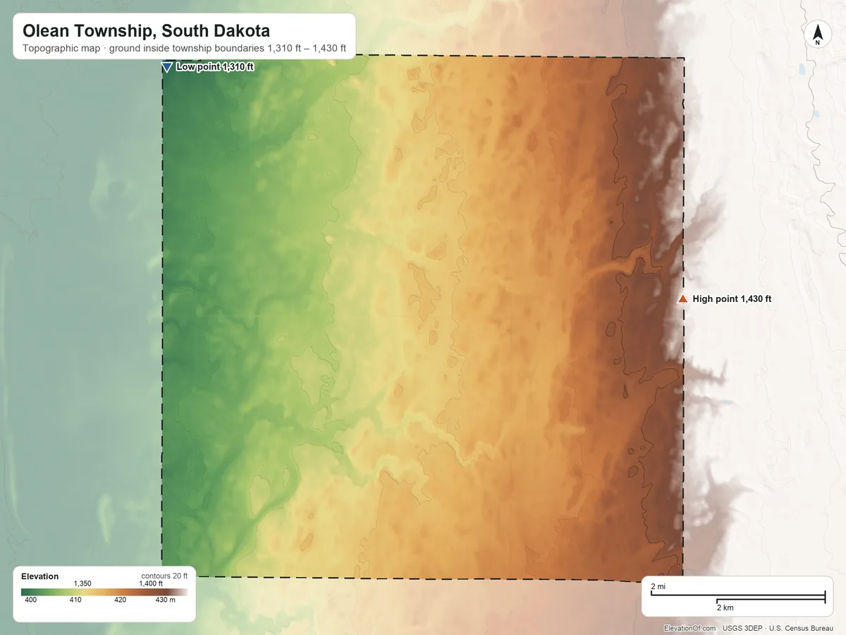 Topographic elevation map of Olean Township, South Dakota, shaded from 1,310 ft on the northwest side to 1,430 ft on the northeast side