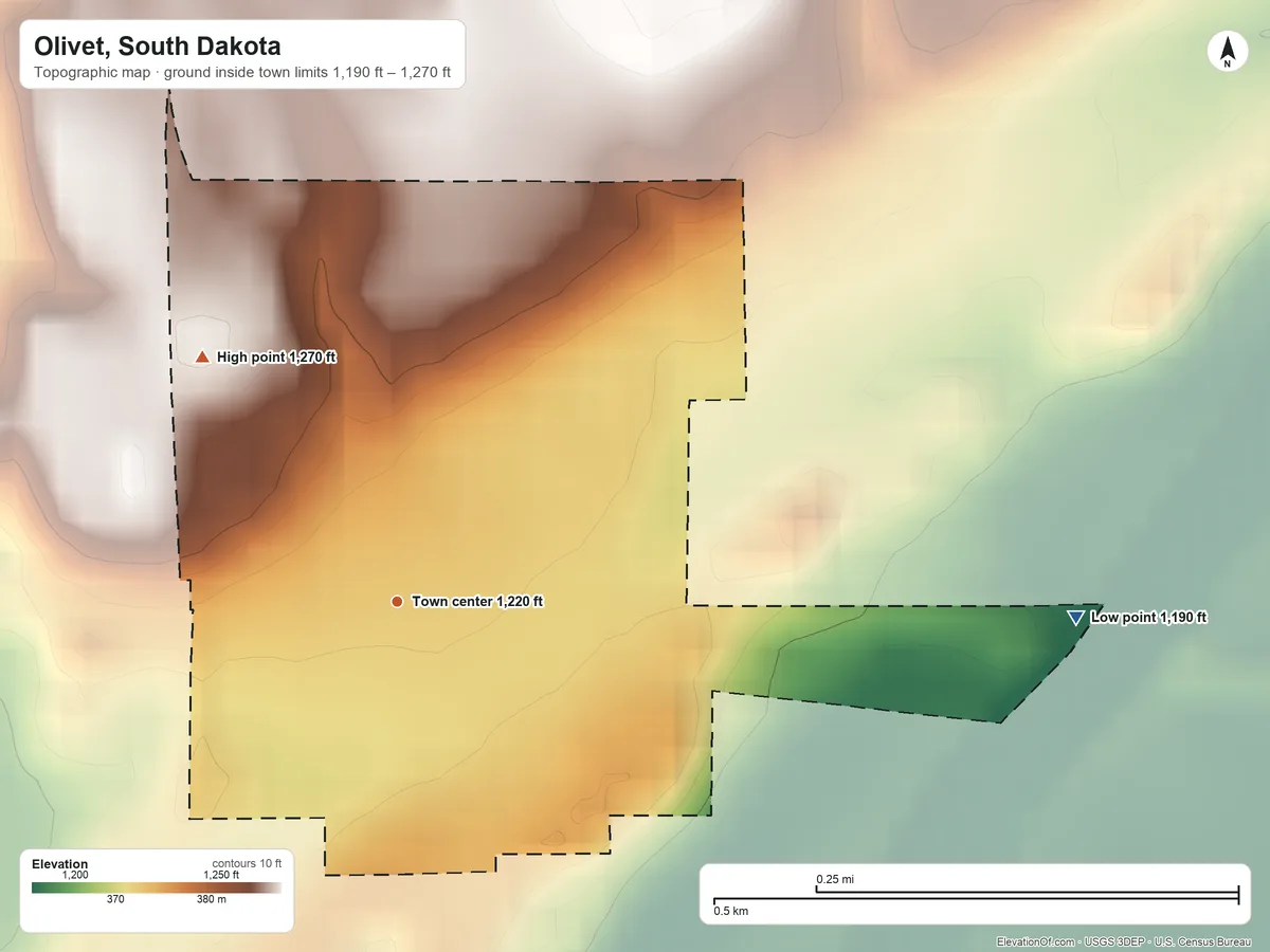 Topographic elevation map of Olivet, South Dakota, shaded from 1,190 ft on the east side to 1,270 ft on the northwest side