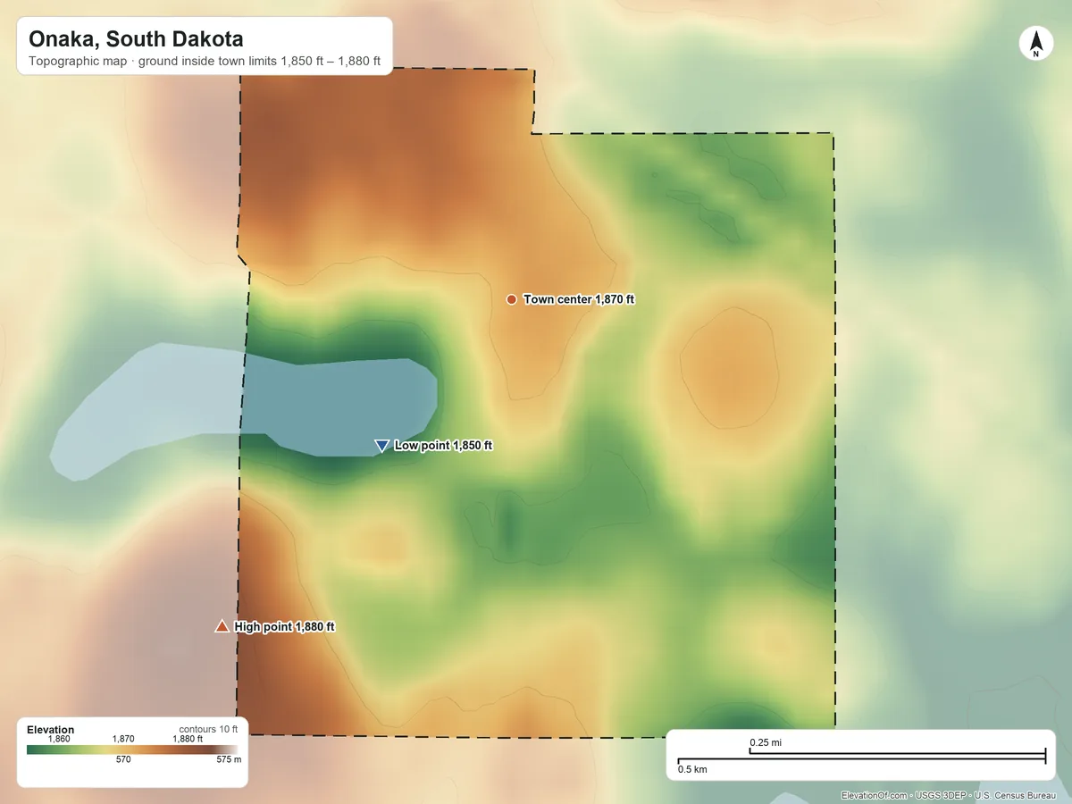 Topographic elevation map of Onaka, South Dakota, shaded from 1,850 ft on the southwest side to 1,880 ft on the southwest side