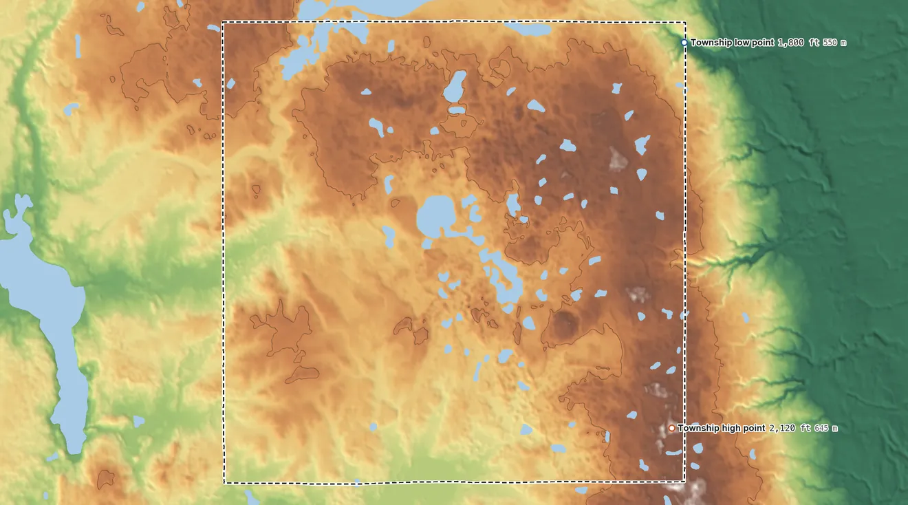 Topographic elevation map of One Road Township, South Dakota, shaded from 1,800 ft on the northeast side to 2,120 ft on the southeast side