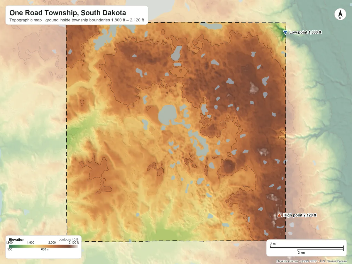 Topographic elevation map of One Road Township, South Dakota, shaded from 1,800 ft on the northeast side to 2,120 ft on the southeast side