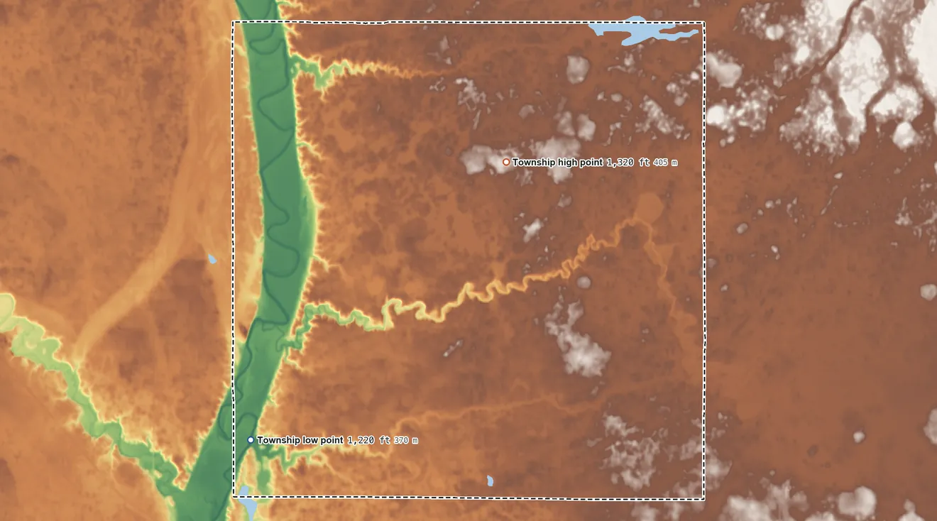 Topographic elevation map of Oneida Township, South Dakota, shaded from 1,220 ft on the southwest side to 1,320 ft on the northeast side