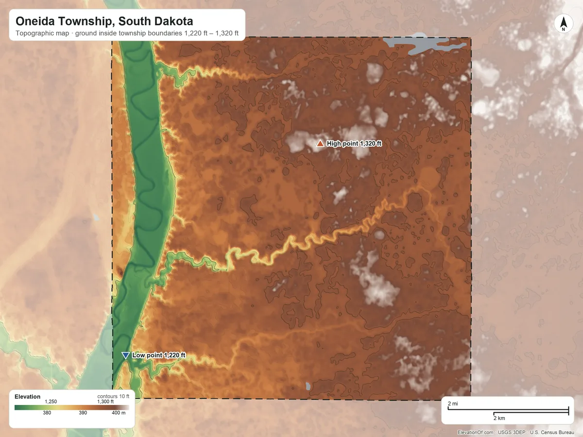 Topographic elevation map of Oneida Township, South Dakota, shaded from 1,220 ft on the southwest side to 1,320 ft on the northeast side