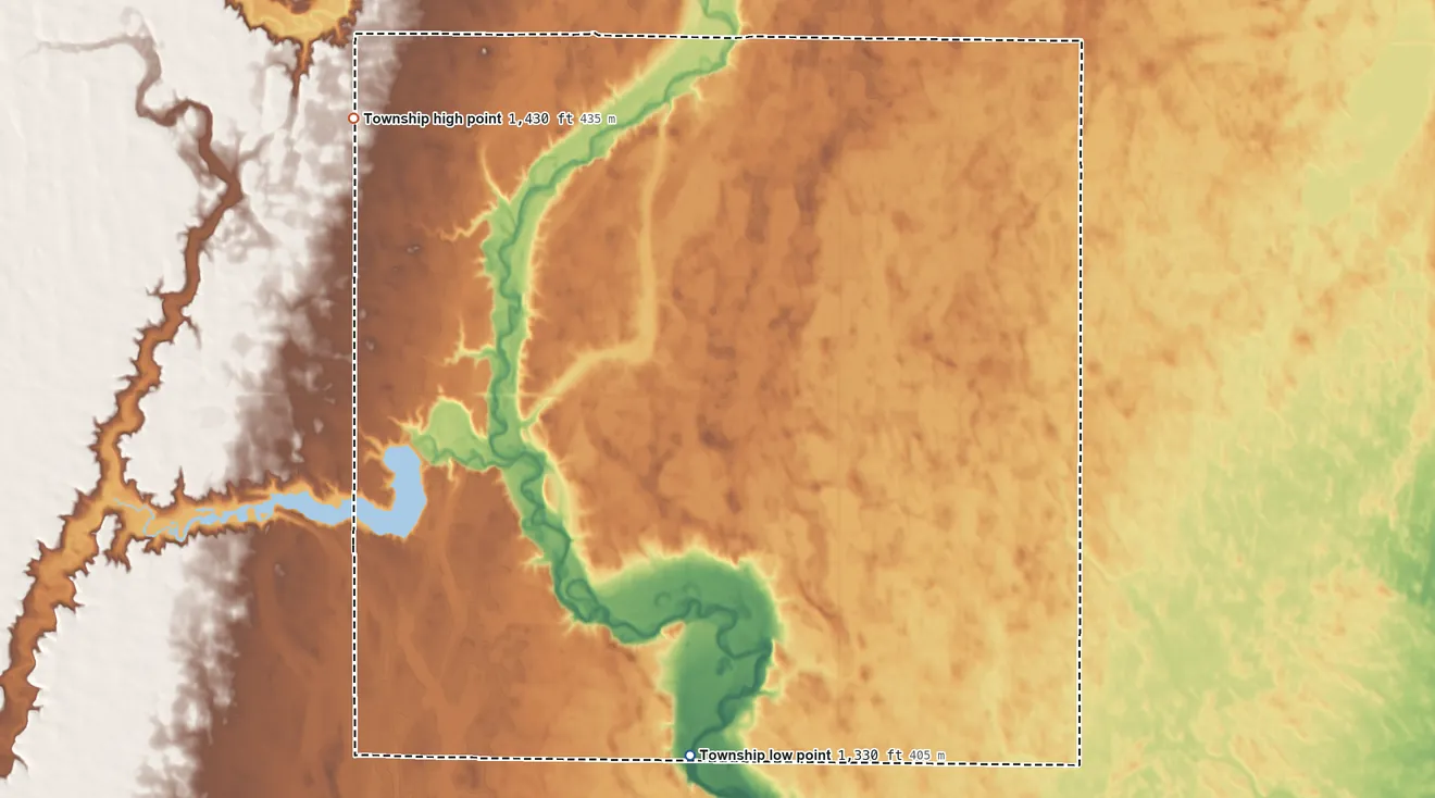 Topographic elevation map of Oneota Township, South Dakota, shaded from 1,330 ft on the south side to 1,430 ft on the northwest side