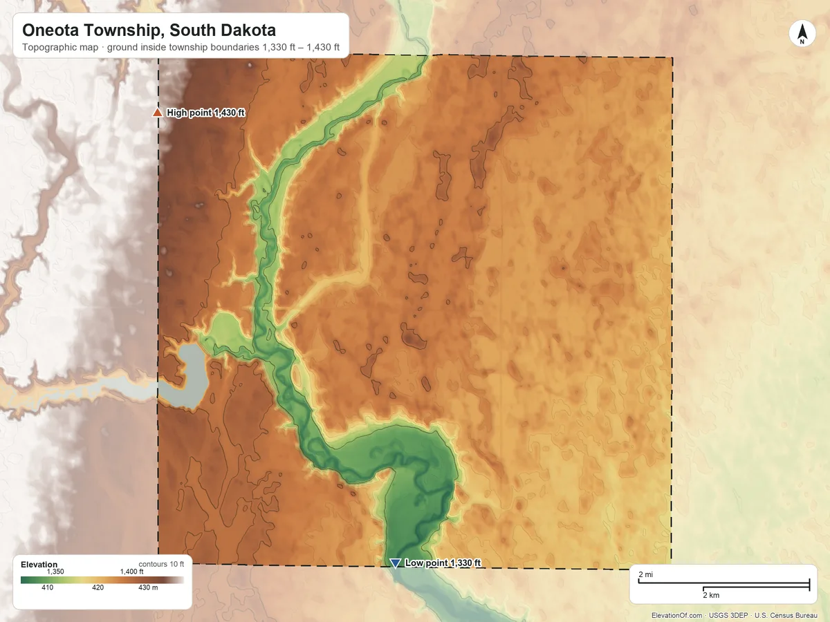 Topographic elevation map of Oneota Township, South Dakota, shaded from 1,330 ft on the south side to 1,430 ft on the northwest side