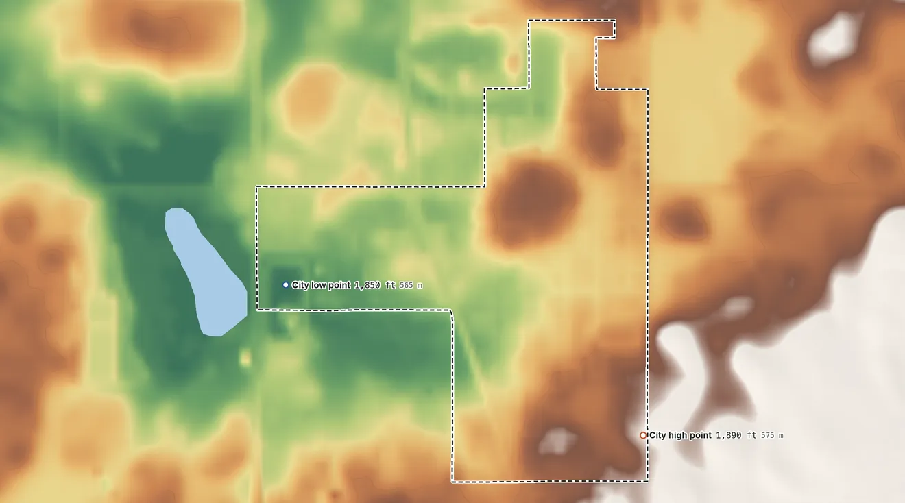 Topographic elevation map of Onida, South Dakota, shaded from 1,850 ft on the west side to 1,890 ft on the southeast side