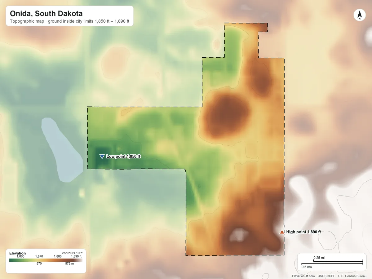 Topographic elevation map of Onida, South Dakota, shaded from 1,850 ft on the west side to 1,890 ft on the southeast side