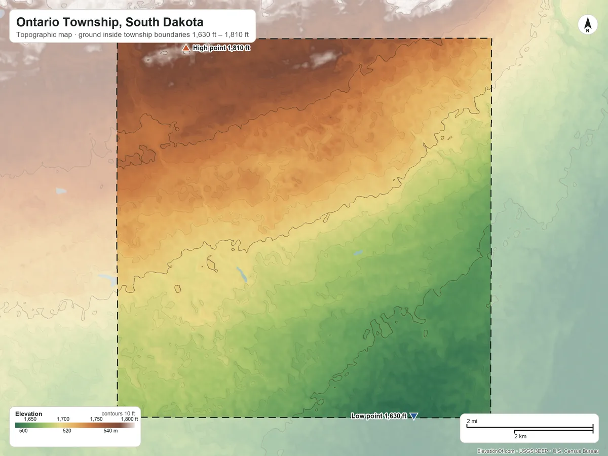 Topographic elevation map of Ontario Township, South Dakota, shaded from 1,630 ft on the south side to 1,810 ft on the west side