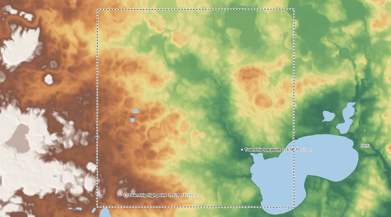 Topographic elevation map of Opdahl Township, South Dakota, shaded from 1,670 ft on the southeast side to 1,820 ft on the south side