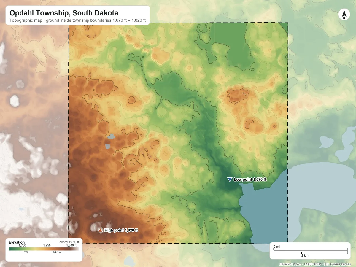 Topographic elevation map of Opdahl Township, South Dakota, shaded from 1,670 ft on the southeast side to 1,820 ft on the south side