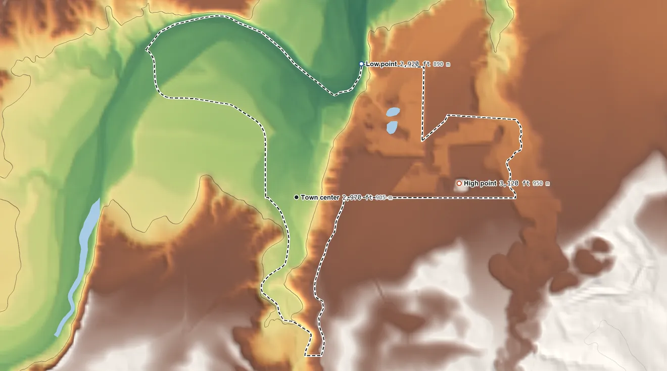 Topographic elevation map of Oral, South Dakota, shaded from 2,920 ft on the northeast side to 3,120 ft on the east side