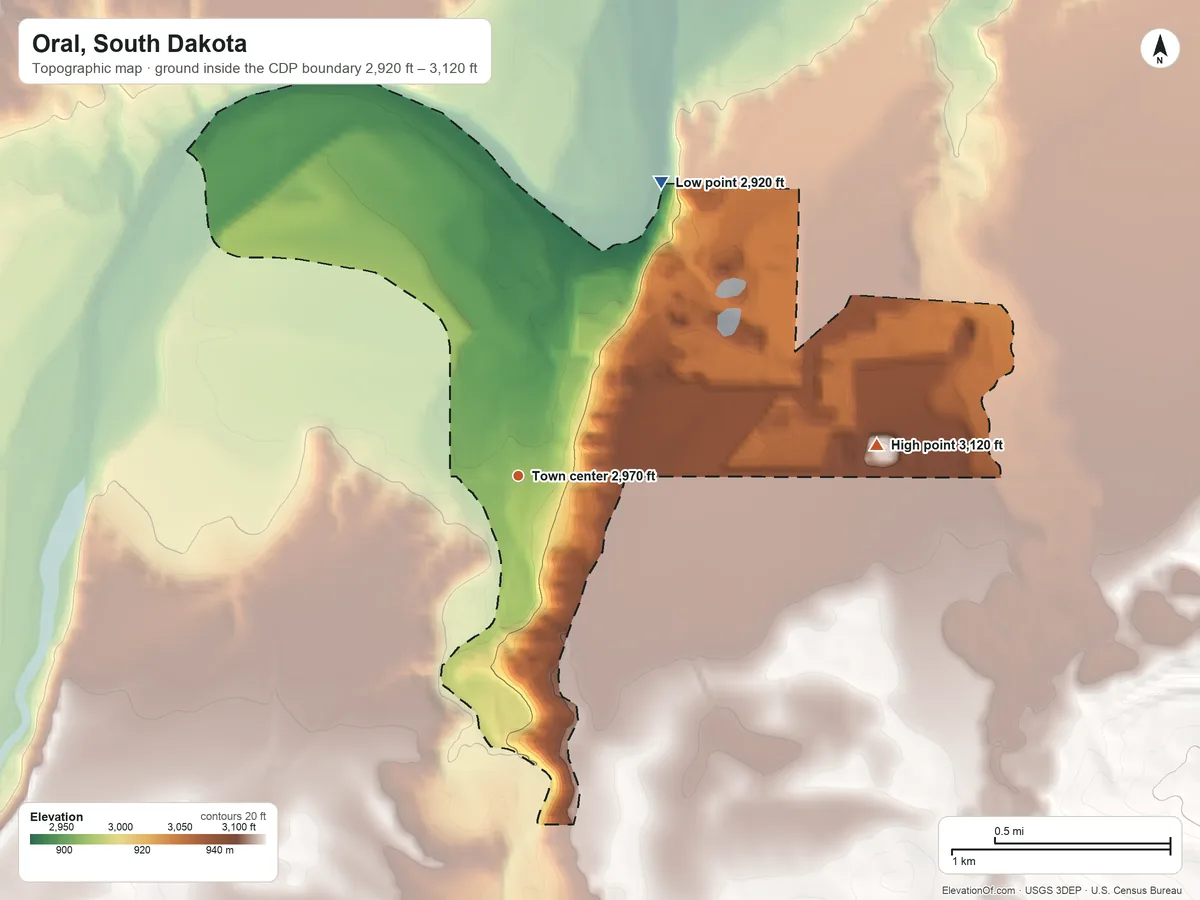 Topographic elevation map of Oral, South Dakota, shaded from 2,920 ft on the northeast side to 3,120 ft on the east side