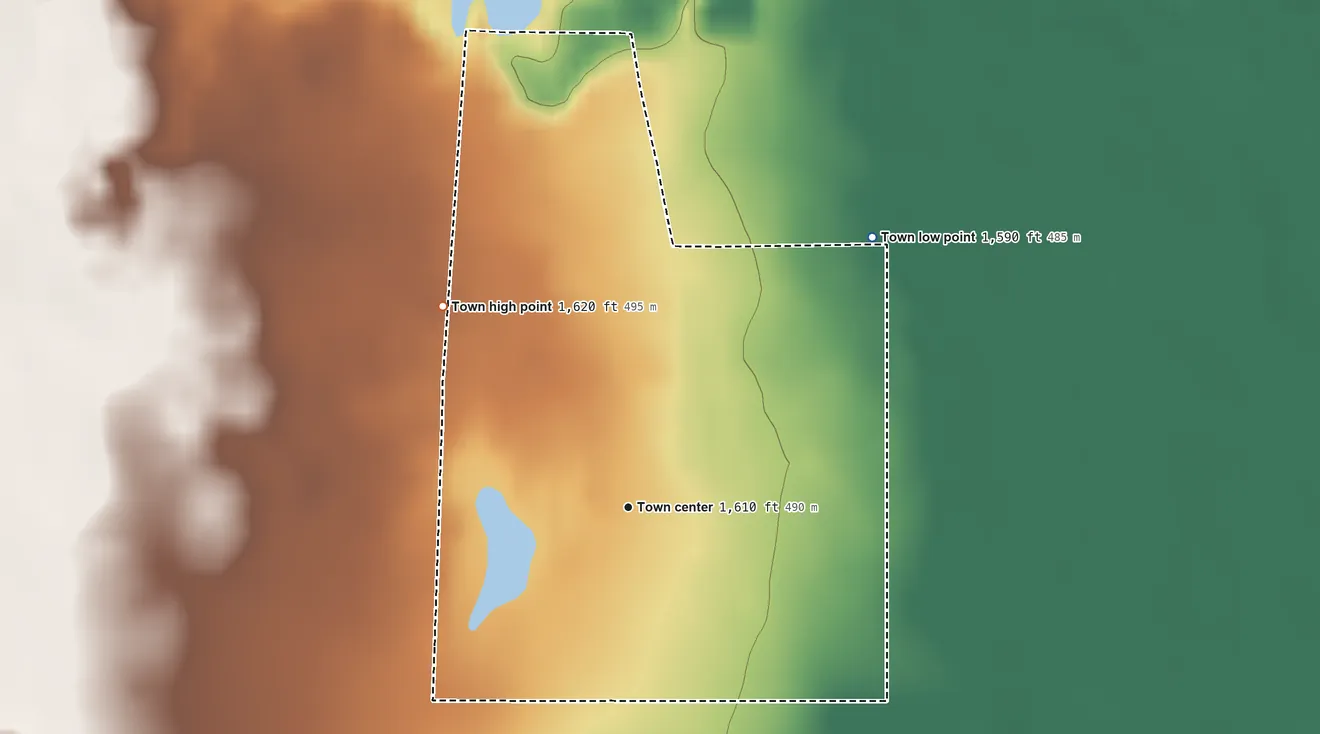 Topographic elevation map of Orient, South Dakota, shaded from 1,590 ft on the northeast side to 1,620 ft on the northwest side