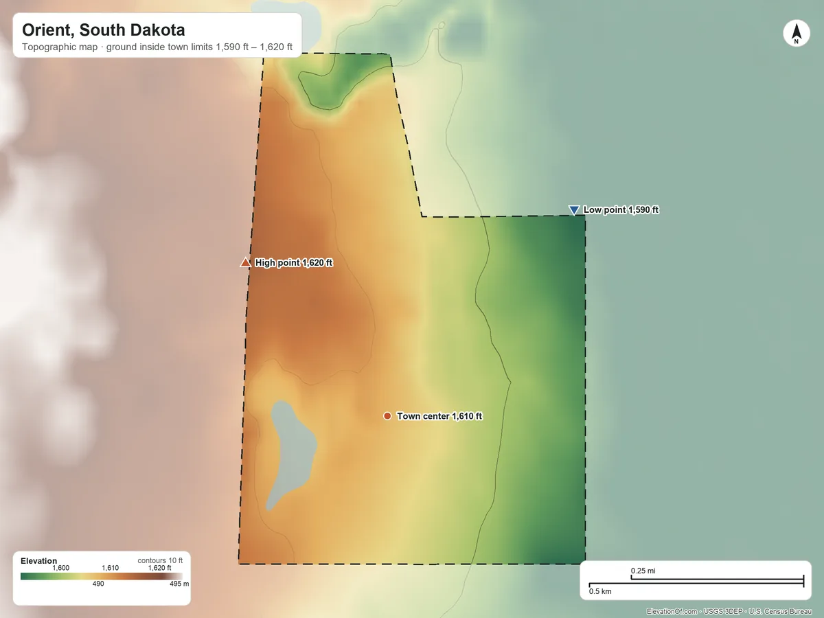 Topographic elevation map of Orient, South Dakota, shaded from 1,590 ft on the northeast side to 1,620 ft on the northwest side