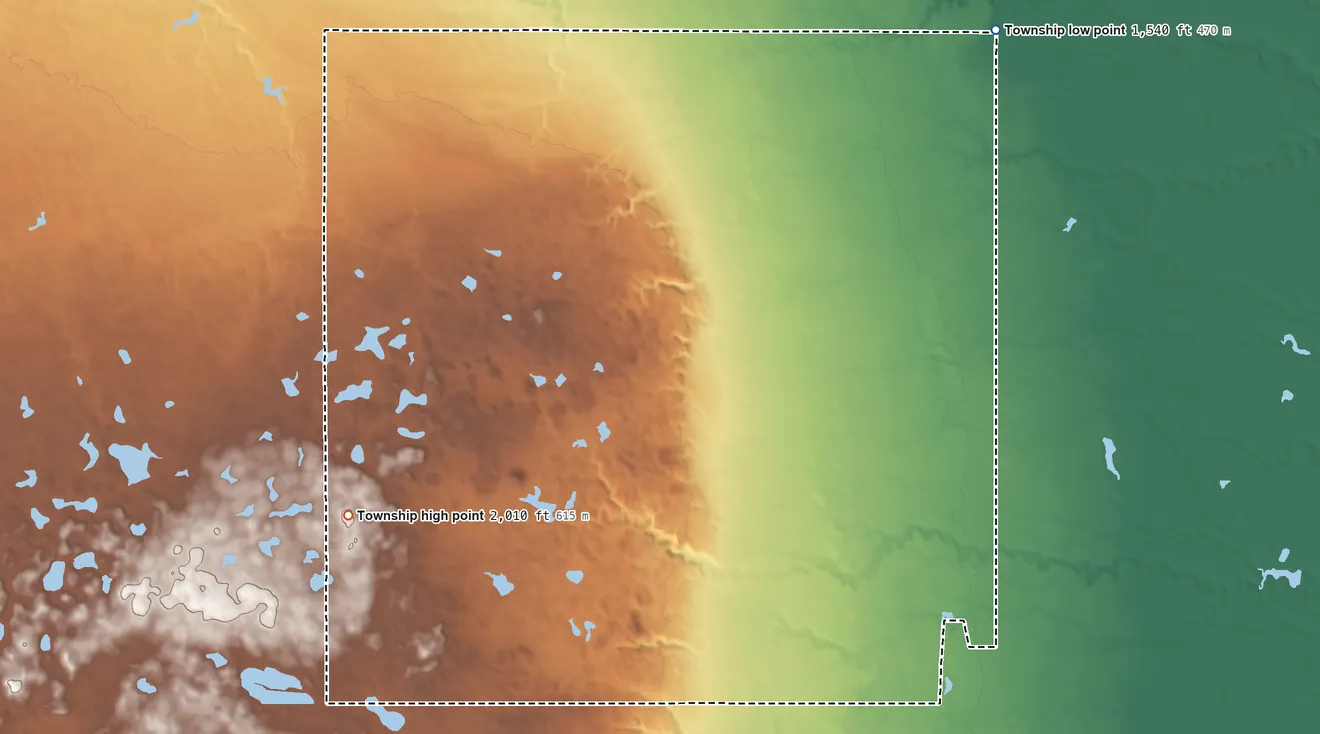 Topographic elevation map of Orient Township, South Dakota, shaded from 1,540 ft on the north side to 2,010 ft on the west side