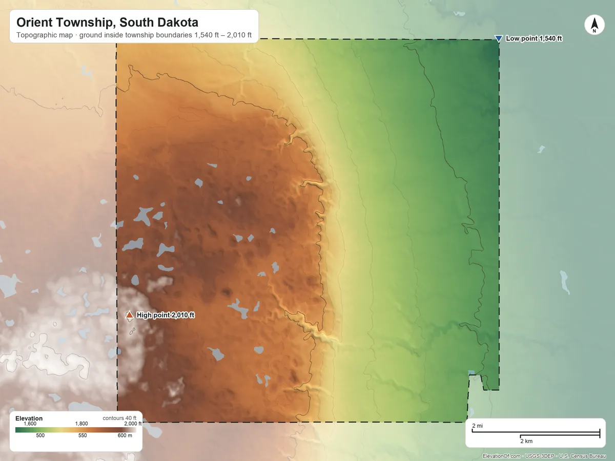 Topographic elevation map of Orient Township, South Dakota, shaded from 1,540 ft on the north side to 2,010 ft on the west side