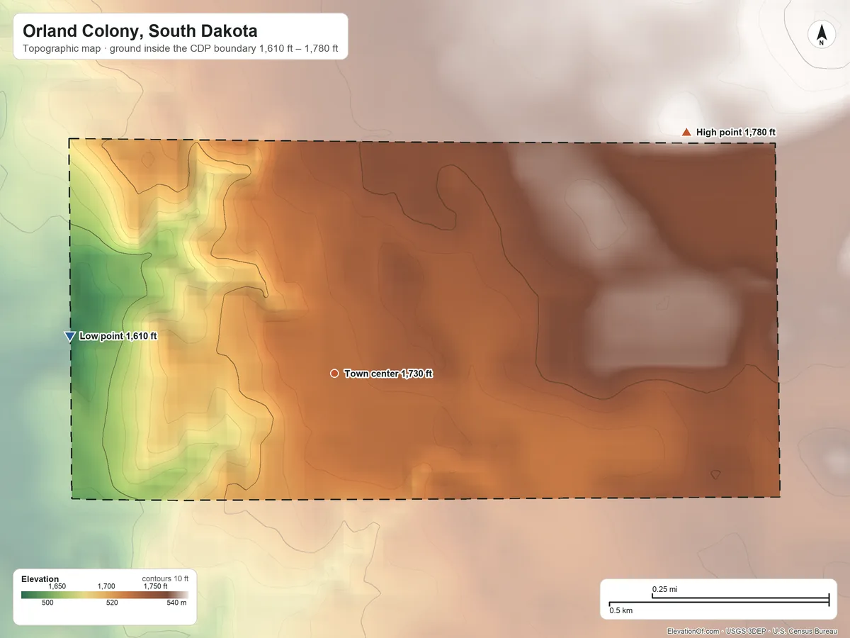 Topographic elevation map of Orland Colony, South Dakota, shaded from 1,610 ft on the west side to 1,780 ft on the northeast side