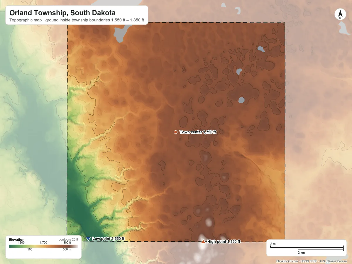 Topographic elevation map of Orland Township, South Dakota, shaded from 1,550 ft on the southwest side to 1,850 ft on the south side