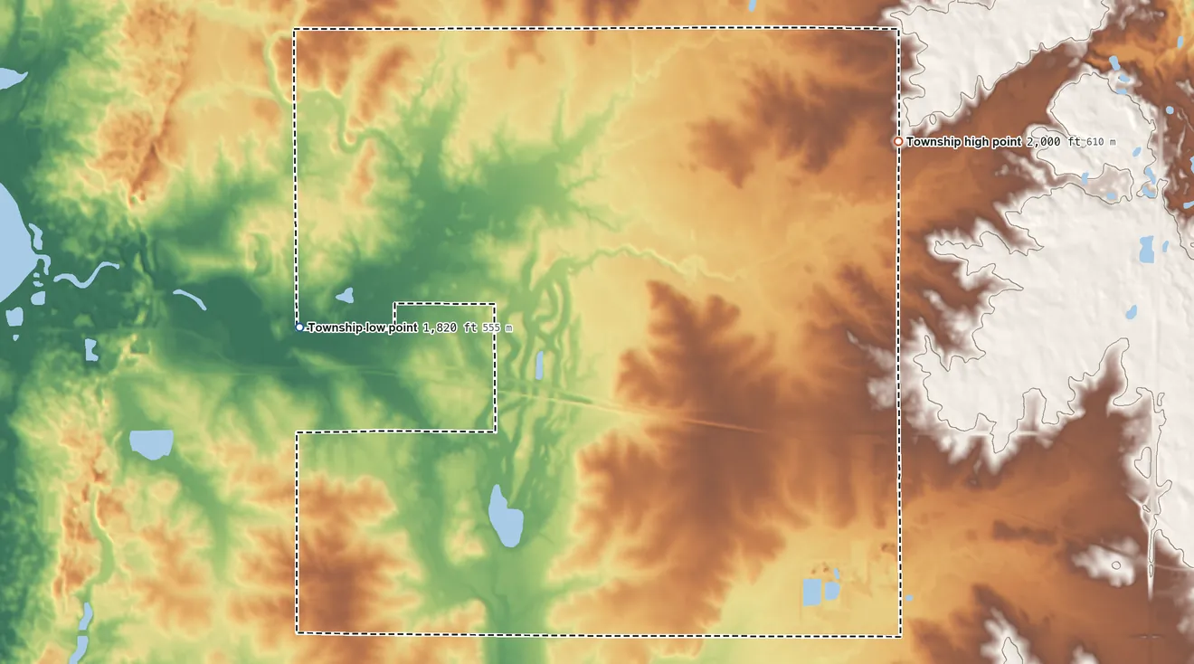 Topographic elevation map of Ortley Township, South Dakota, shaded from 1,820 ft on the northwest side to 2,000 ft on the northeast side