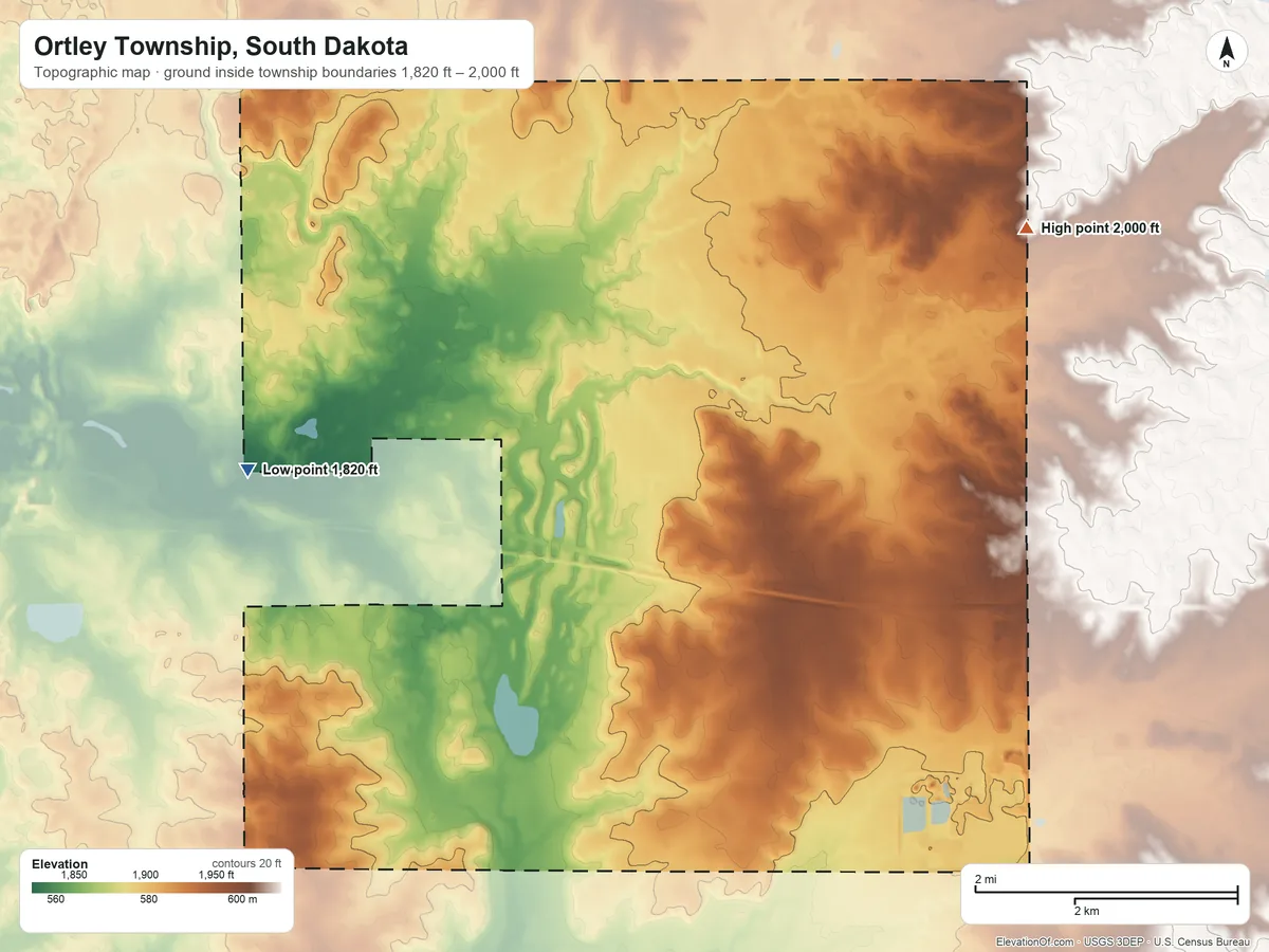 Topographic elevation map of Ortley Township, South Dakota, shaded from 1,820 ft on the northwest side to 2,000 ft on the northeast side