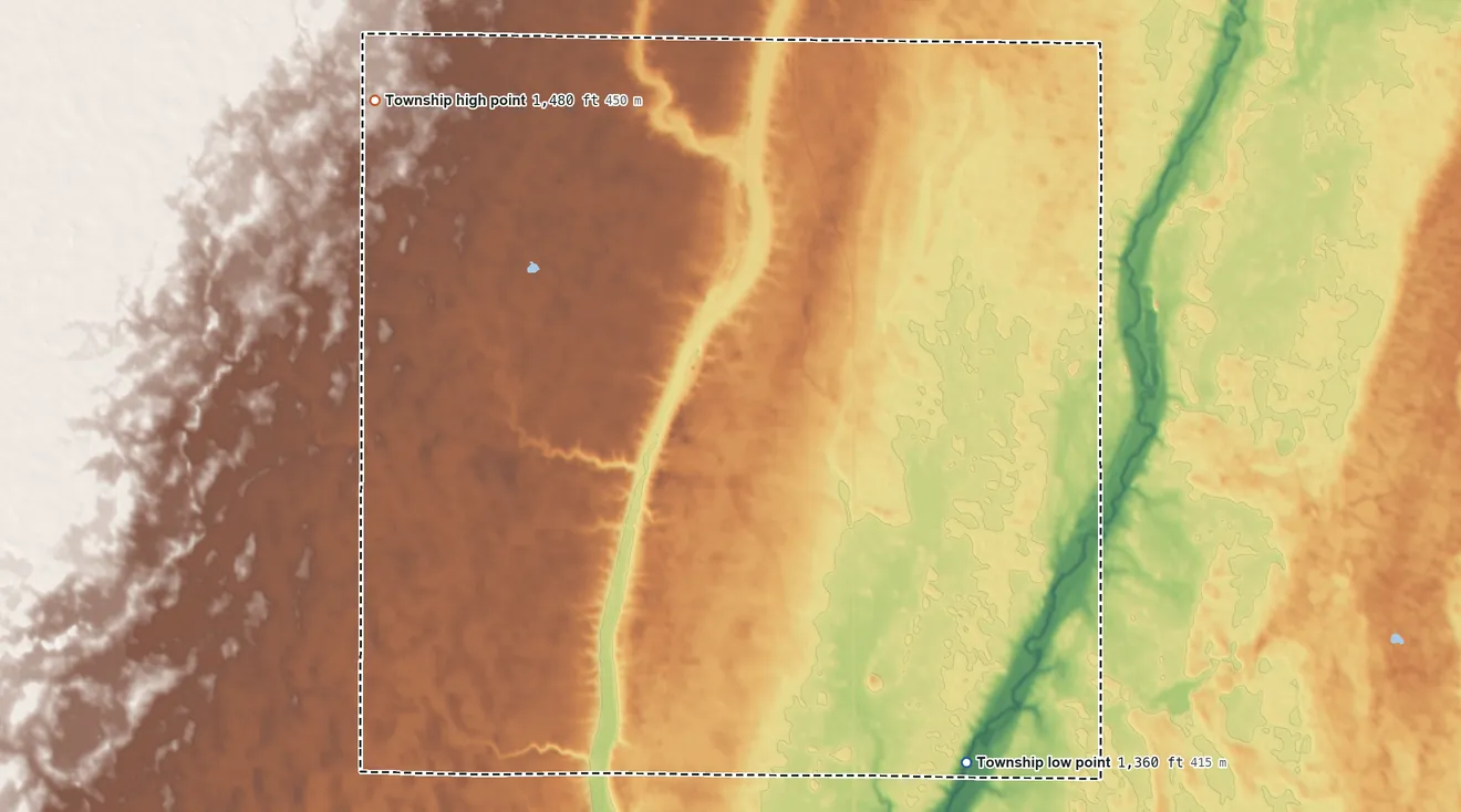 Topographic elevation map of Osceola Township, Brown County, South Dakota, shaded from 1,360 ft on the southeast side to 1,480 ft on the northwest side