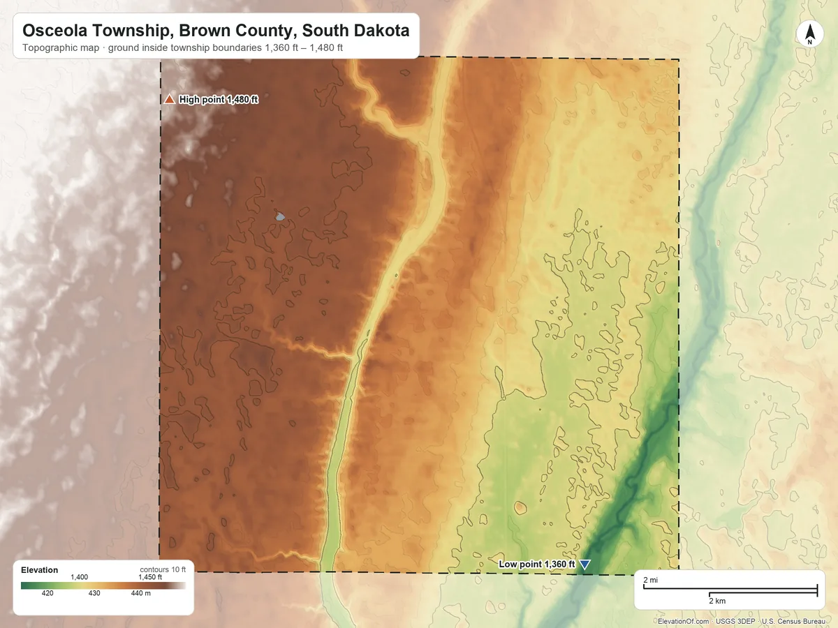 Topographic elevation map of Osceola Township, Brown County, South Dakota, shaded from 1,360 ft on the southeast side to 1,480 ft on the northwest side
