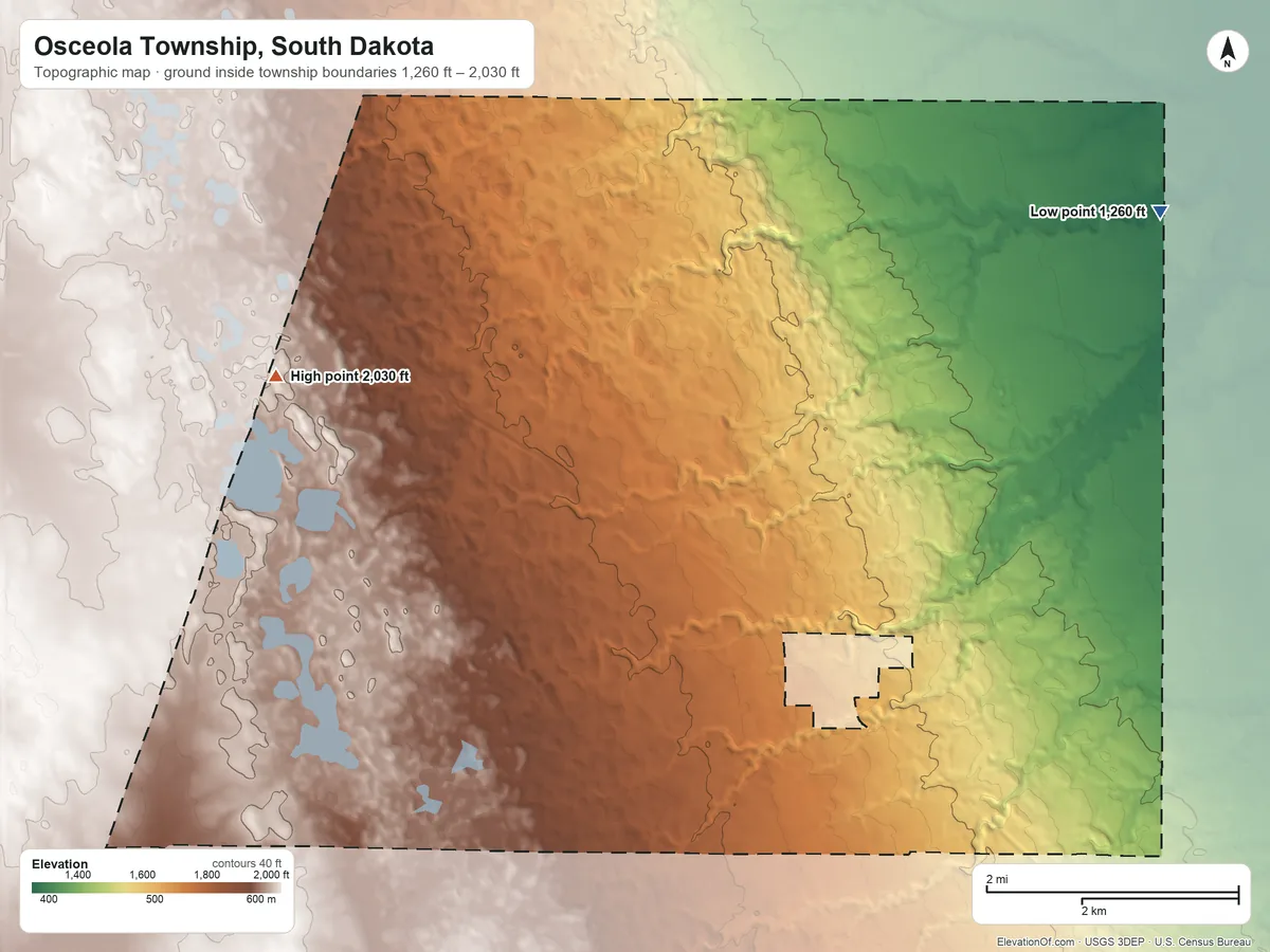 Topographic elevation map of Osceola Township, South Dakota, shaded from 1,260 ft on the north side to 2,030 ft on the northwest side