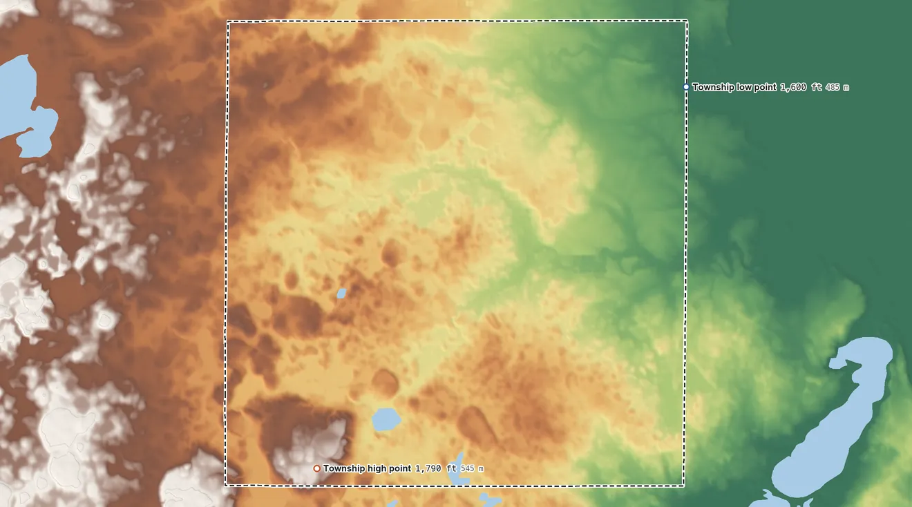 Topographic elevation map of Oslo Township, South Dakota, shaded from 1,600 ft on the northeast side to 1,790 ft on the southwest side