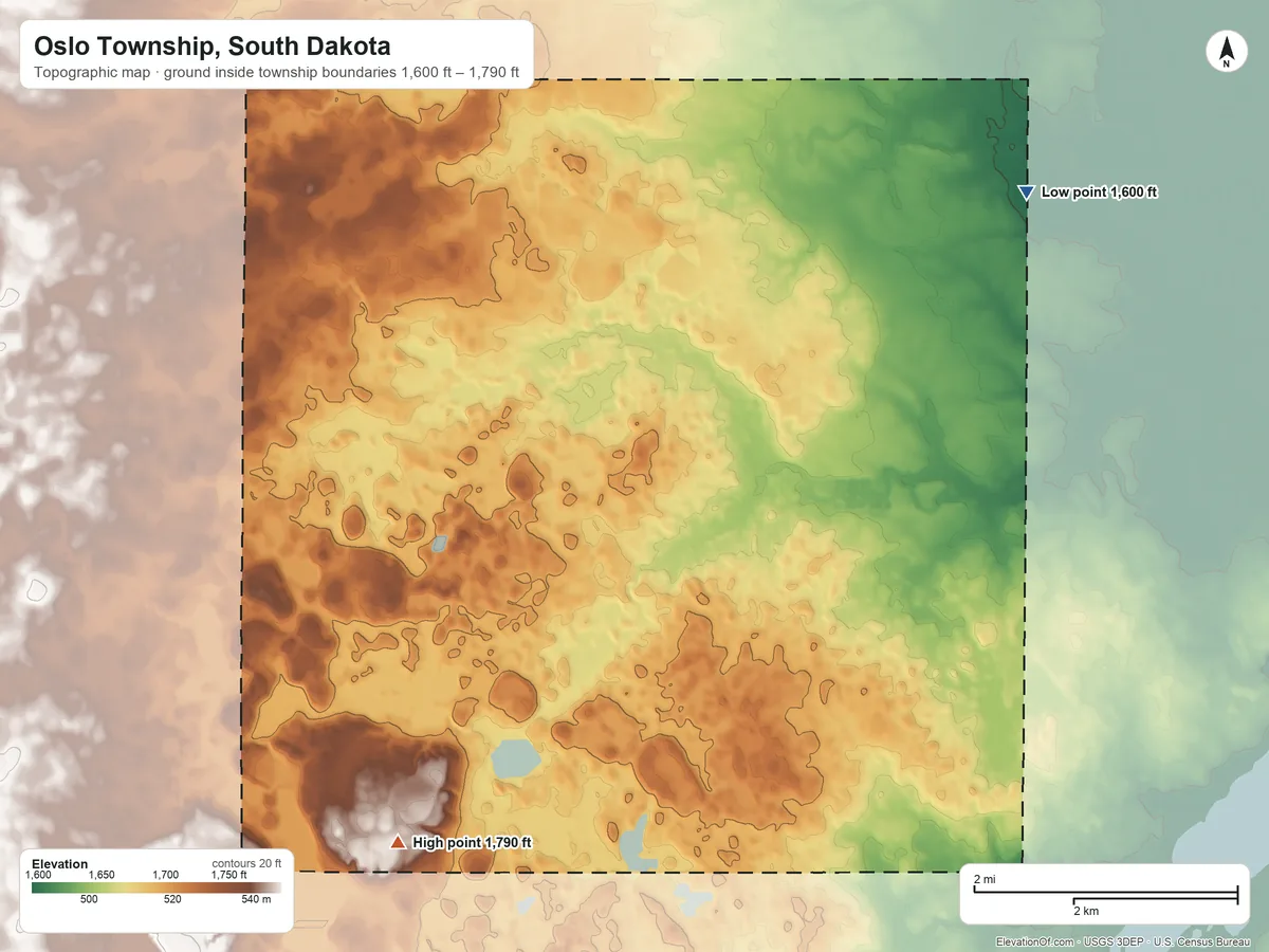 Topographic elevation map of Oslo Township, South Dakota, shaded from 1,600 ft on the northeast side to 1,790 ft on the southwest side