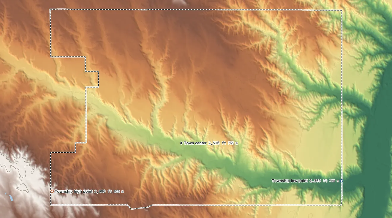 Topographic elevation map of Owanka Township, South Dakota, shaded from 2,360 ft on the east side to 2,990 ft on the west side