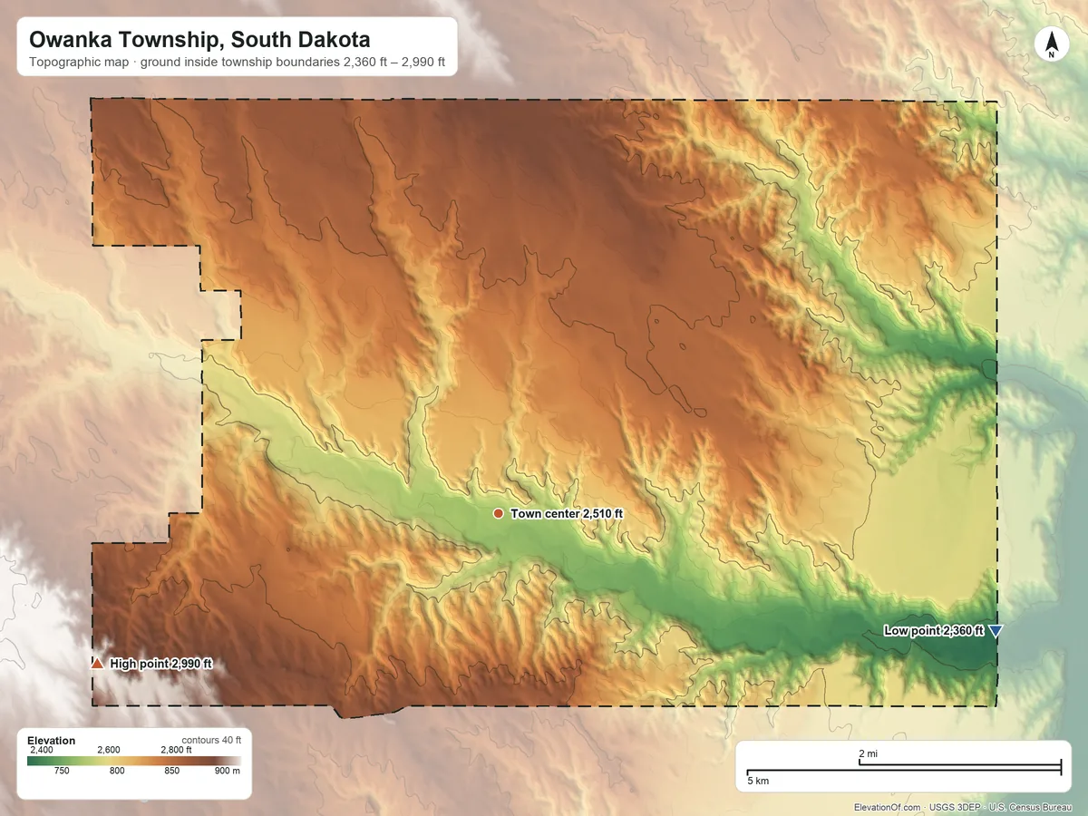 Topographic elevation map of Owanka Township, South Dakota, shaded from 2,360 ft on the east side to 2,990 ft on the west side