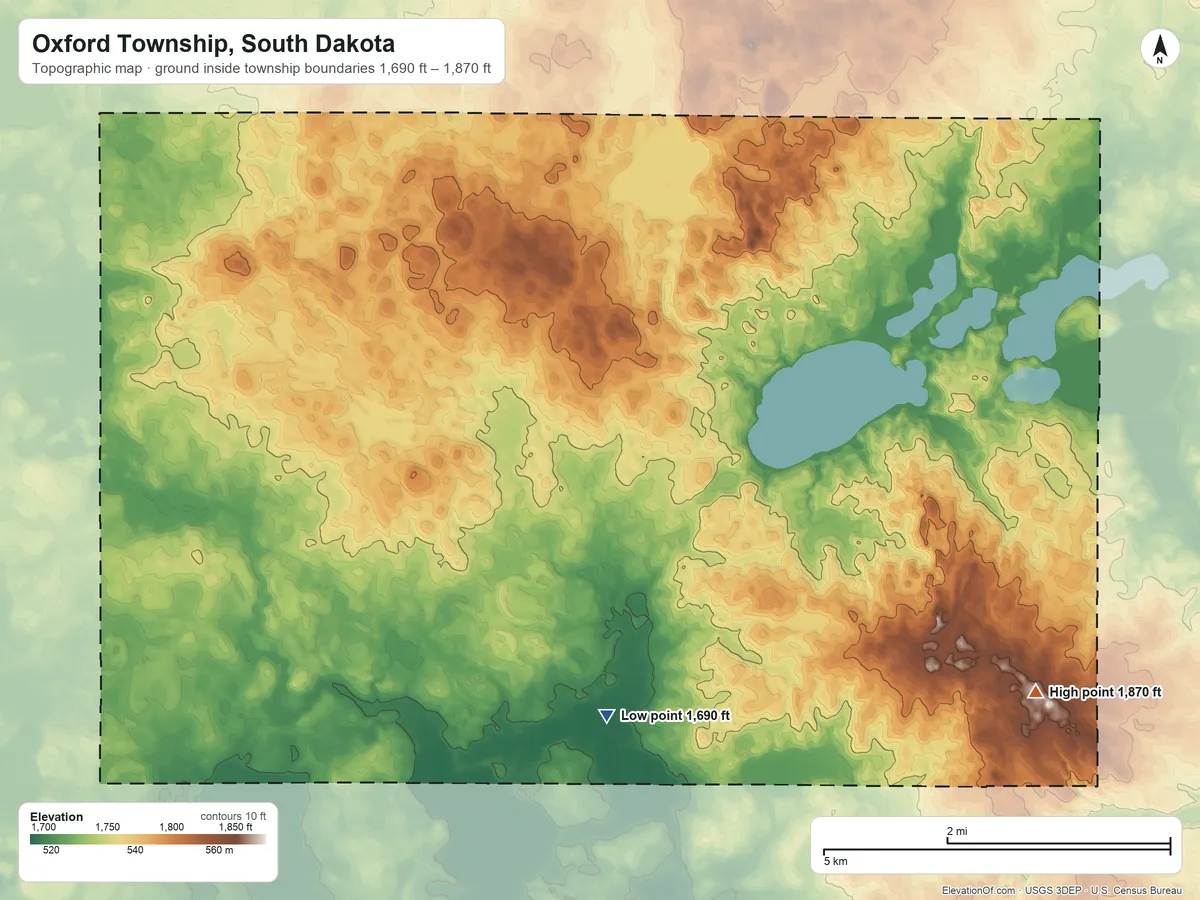 Topographic elevation map of Oxford Township, South Dakota, shaded from 1,690 ft on the south side to 1,870 ft on the southeast side