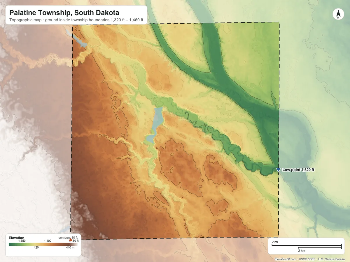 Topographic elevation map of Palatine Township, South Dakota, shaded from 1,320 ft on the east side to 1,460 ft on the southwest side