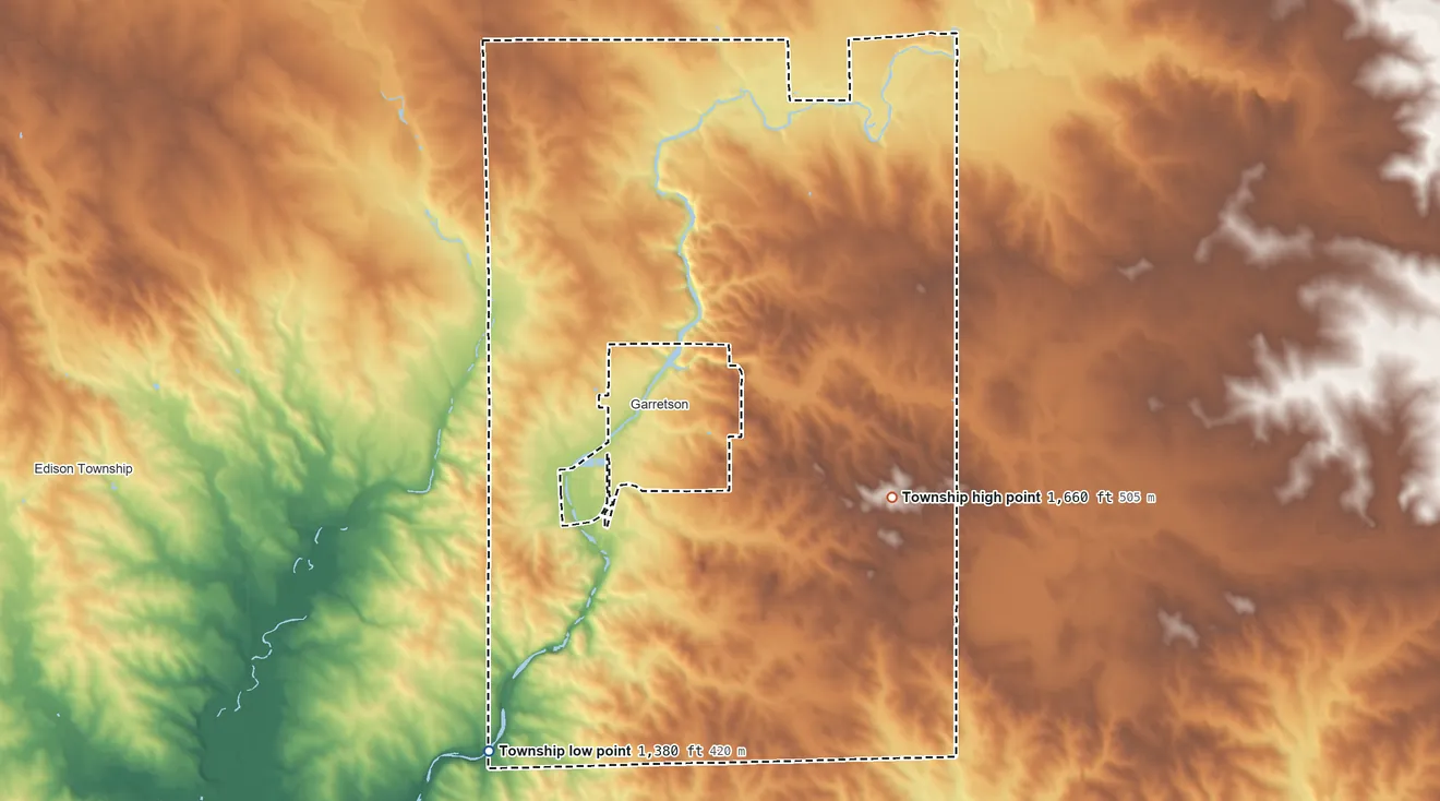 Topographic elevation map of Palisade Township, South Dakota, shaded from 1,380 ft on the southwest side to 1,660 ft on the east side