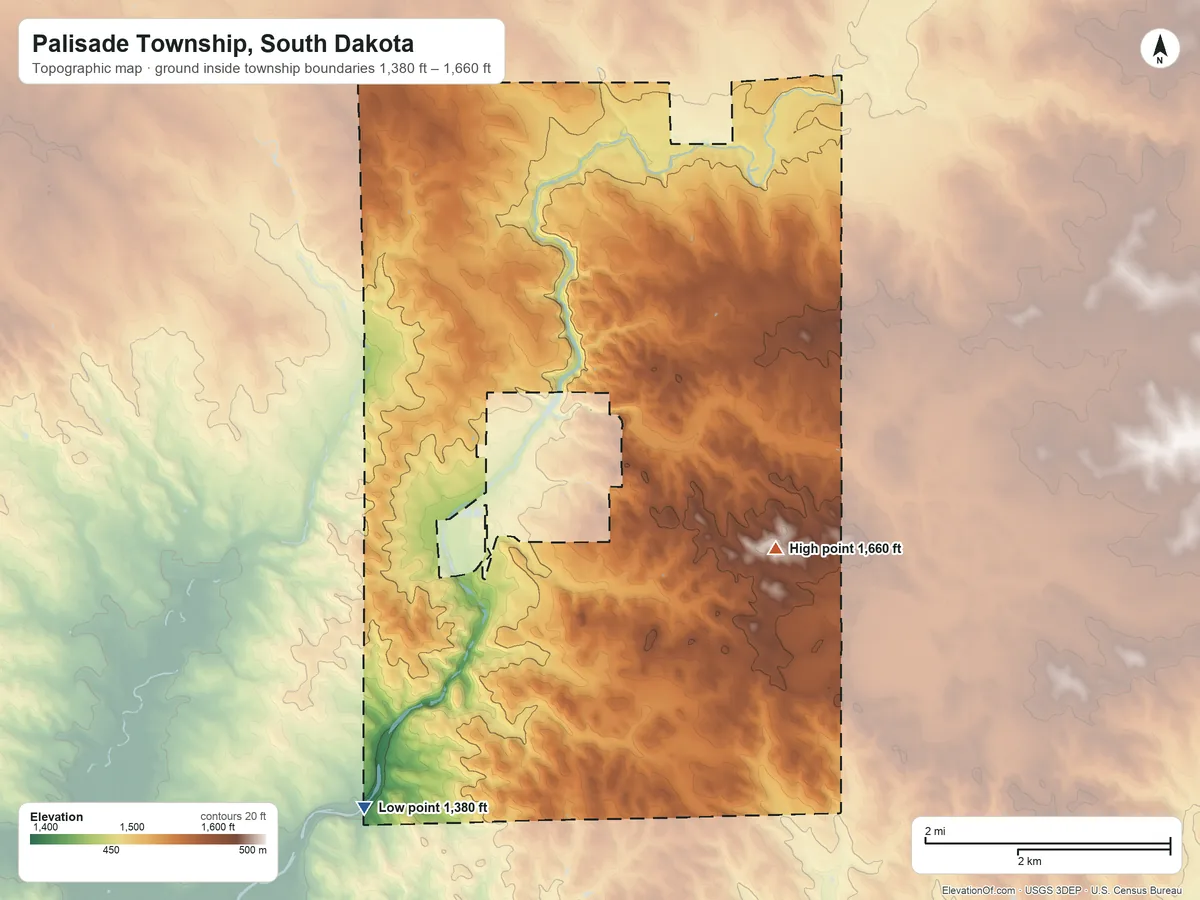 Topographic elevation map of Palisade Township, South Dakota, shaded from 1,380 ft on the southwest side to 1,660 ft on the east side