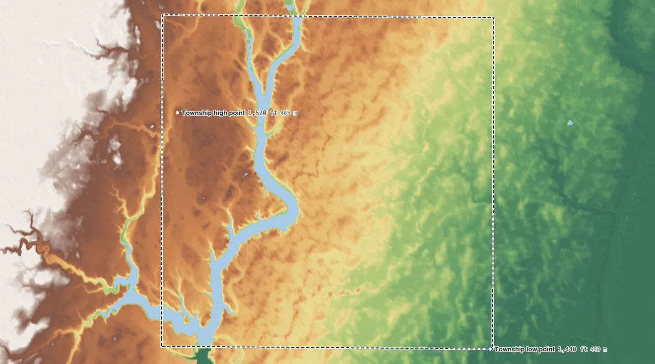 Topographic elevation map of Palmyra Township, South Dakota, shaded from 1,440 ft on the southeast side to 1,520 ft on the northwest side