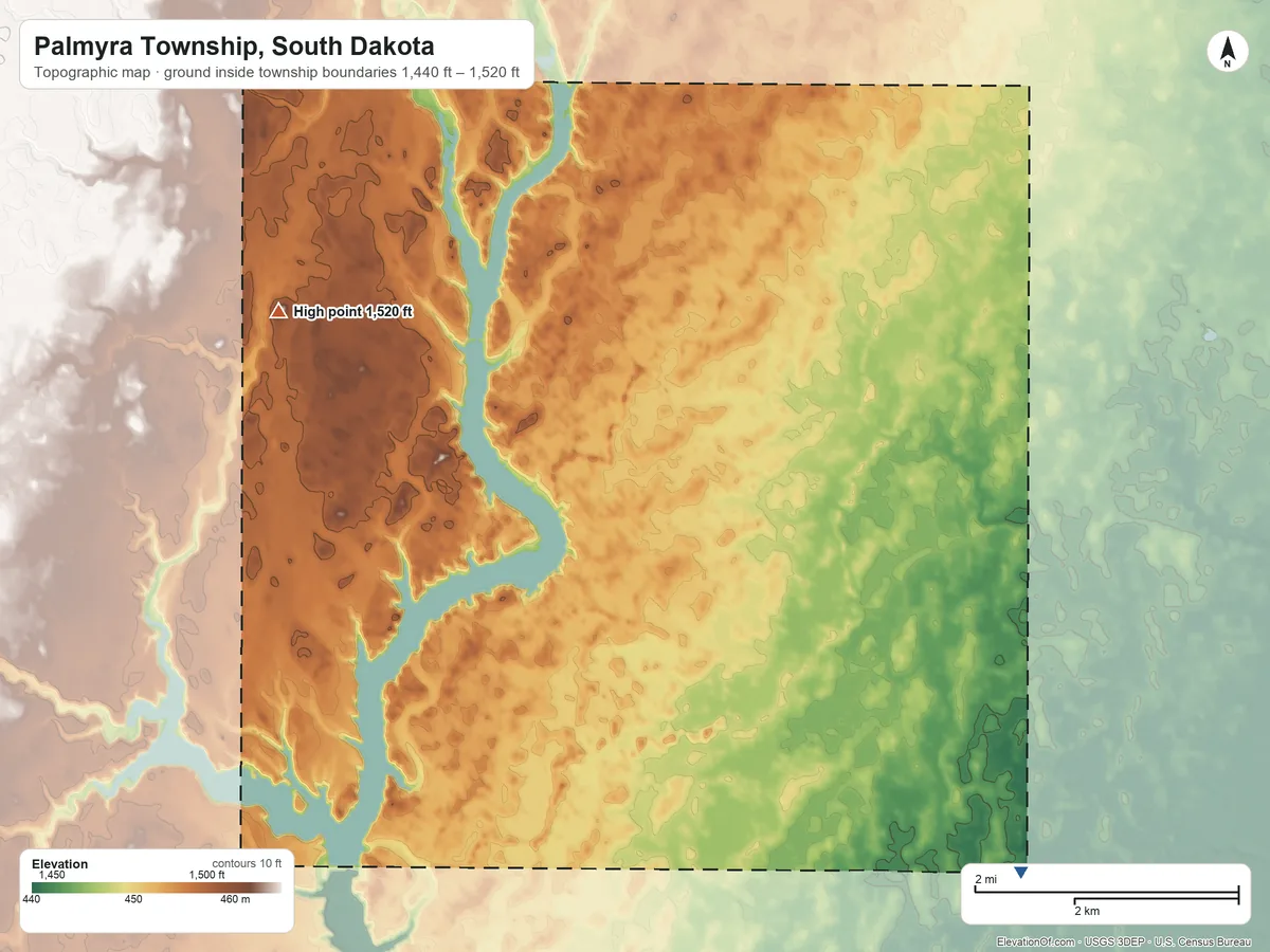 Topographic elevation map of Palmyra Township, South Dakota, shaded from 1,440 ft on the southeast side to 1,520 ft on the northwest side